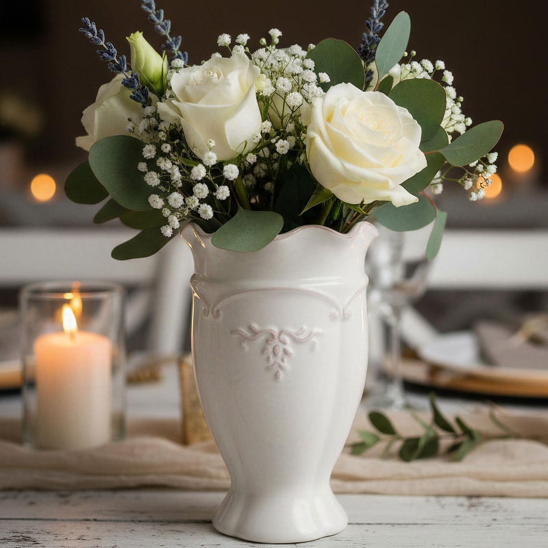hjn White Ceramic Vase- French Flower Vase for Decor Small Vintage Vases for Flowers/Home Decoration/Kitchen/Table/Living Room/Shelf/Mantel/Office-Height-6.8" - Image 1
